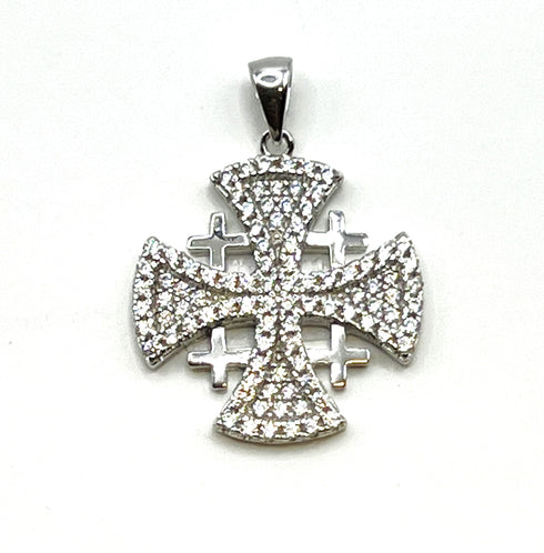 Sterling Silver Pave Stone Jerusalem Cross Pendant
